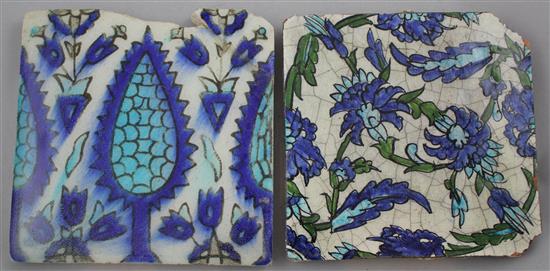 4 Damascan tiles and 2 turquoise glazed pottery tiles, average 20cm x 20cm